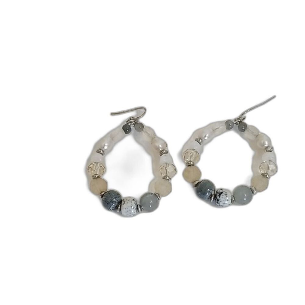 Boho Beaded Hoop Earrings Gray Cream White Artisan Jewelry Neutral Minimalist